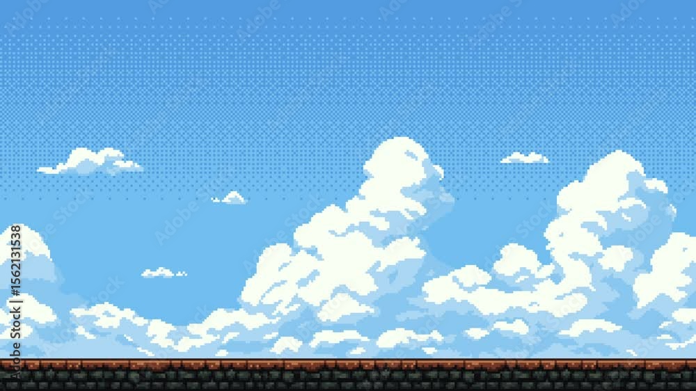 Aufkleber Pixel art game level background animation with parallax scrolling sky and clouds above a ground platform footage.