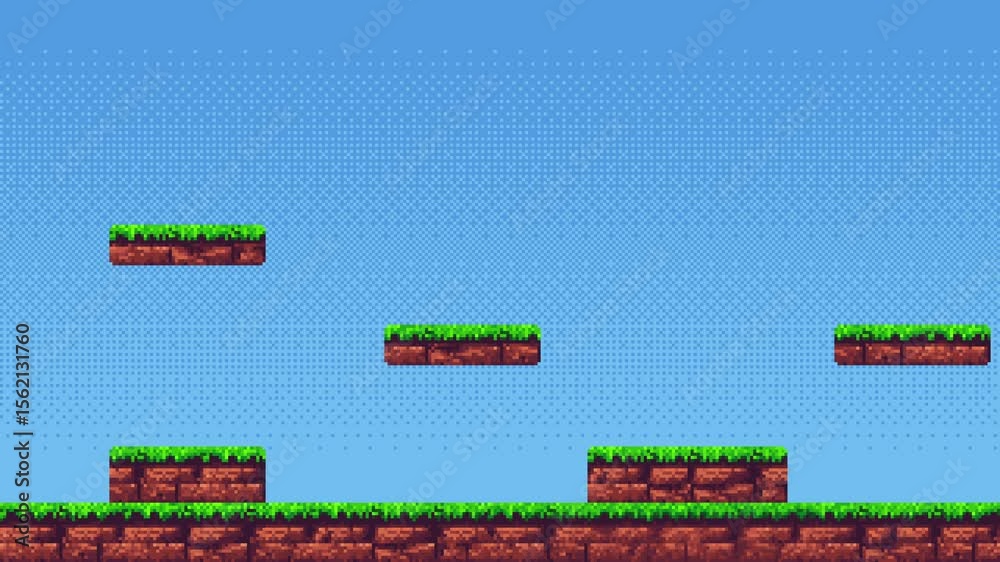 Poster Scrolling pixel art game level background with green grass platforms and blue sky for retro video game footage.