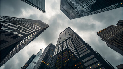 Looking up at towering glass skyscrapers against a cloudy sky