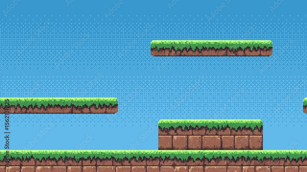 Poster Retro pixel art game level background animation with moving ground platforms on a blue sky, concept of gaming footage.