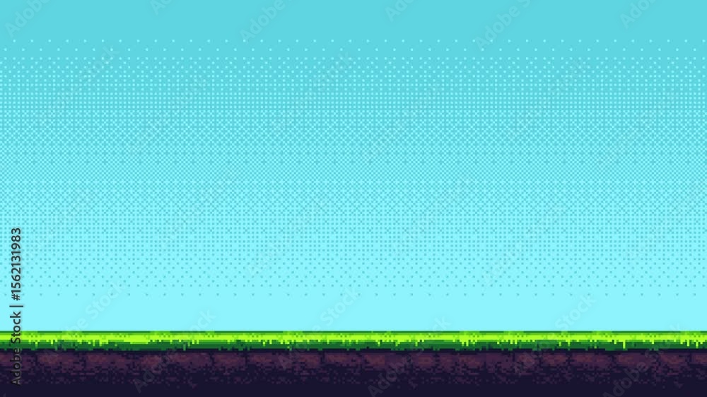 Poster Blue pixel art game level background with moving ground and grass layers for video game animation footage.