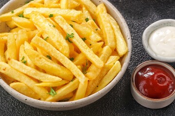 Kentang Goreng. French fries are deep-fried potato strips, typically salted and served with ketchup or other sauces.