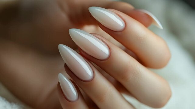 Elegant sharp white nails with a soft gradient are showcased against a cozy background during a nail care session