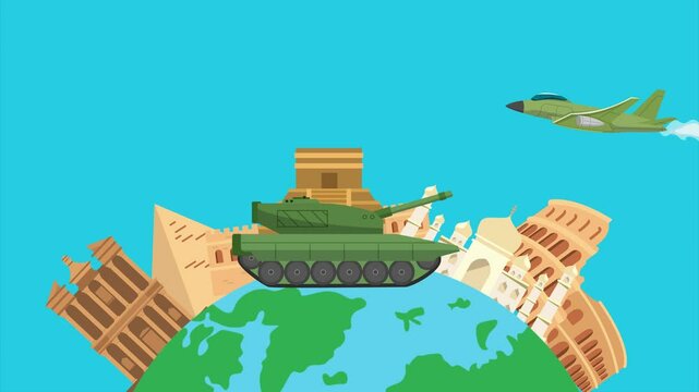 animated video of world war with world icon background. World war concept. Full length animated illustrations. High quality 4k footage