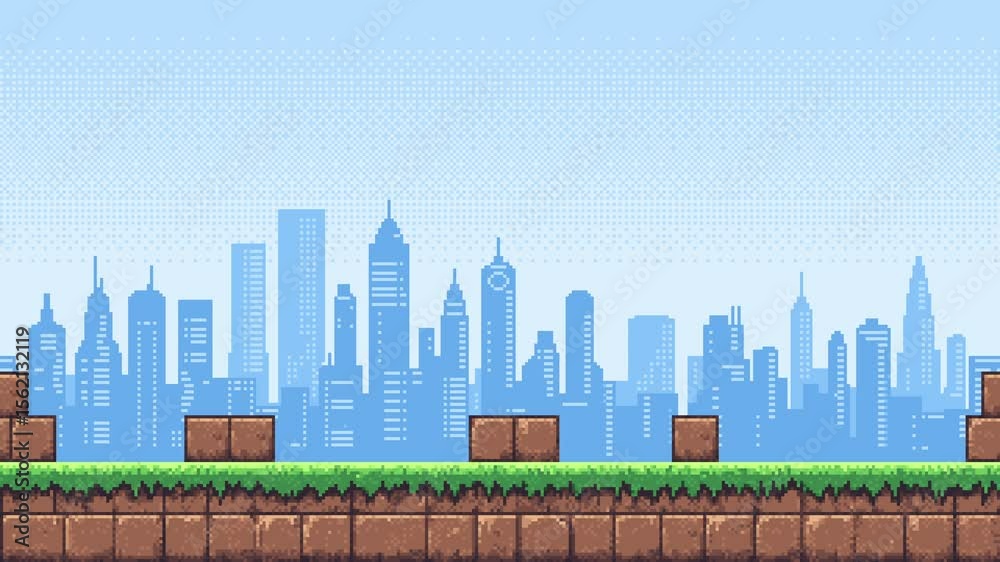Poster pixel art game level background with city skyline and moving brick blocks for platformer footage