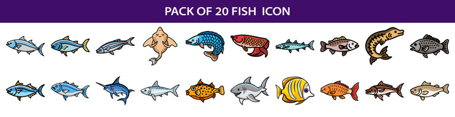 Fototapeta premium Collection of twenty colorful cartoon fish illustrations suitable for various designs