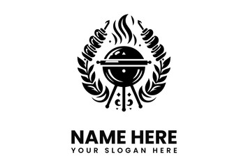 A stylized logo featuring a grill surrounded by skewers and laurel branches, with flames above.