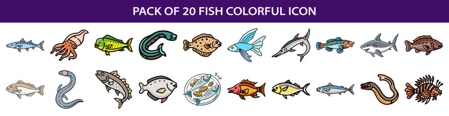 Pack of Twenty Colorful Fish Icon Designs Featuring a Wide Variety