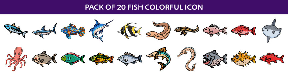 Fototapeta premium Pack of twenty colorful cartoon fish and one octopus icon illustrations