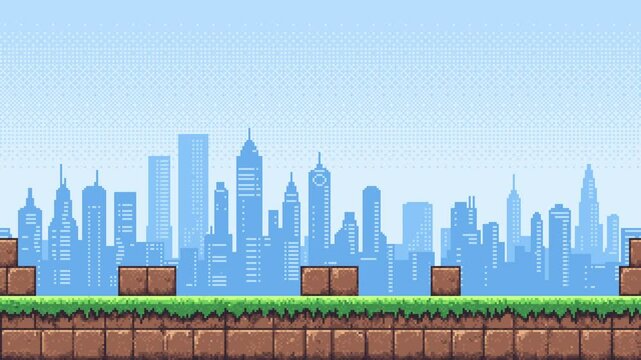 Pixel art game level background with city skyline and moving brick blocks for platformer footage