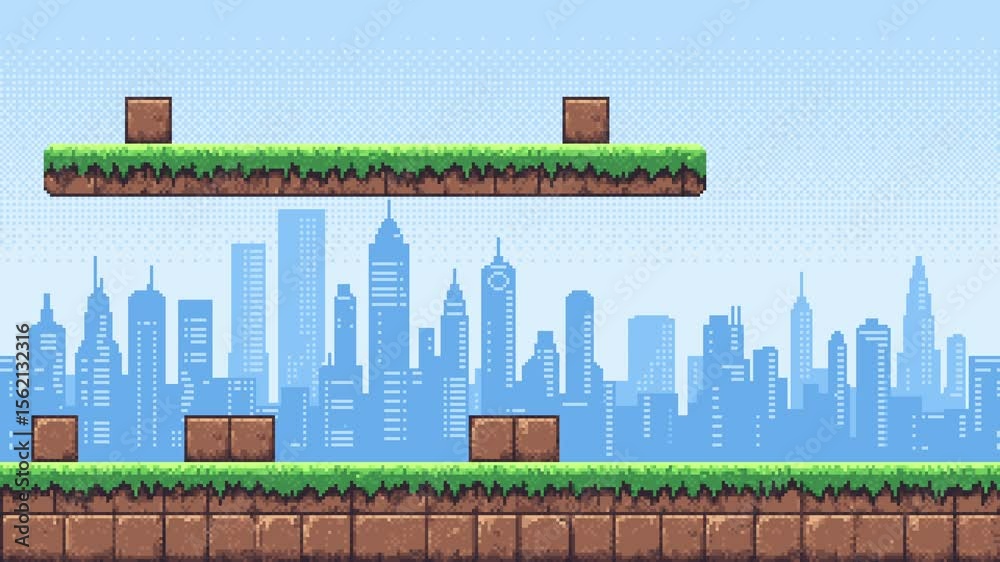 Poster seamless pixel art video game level with platforms, ground, and city skyline animated background foo