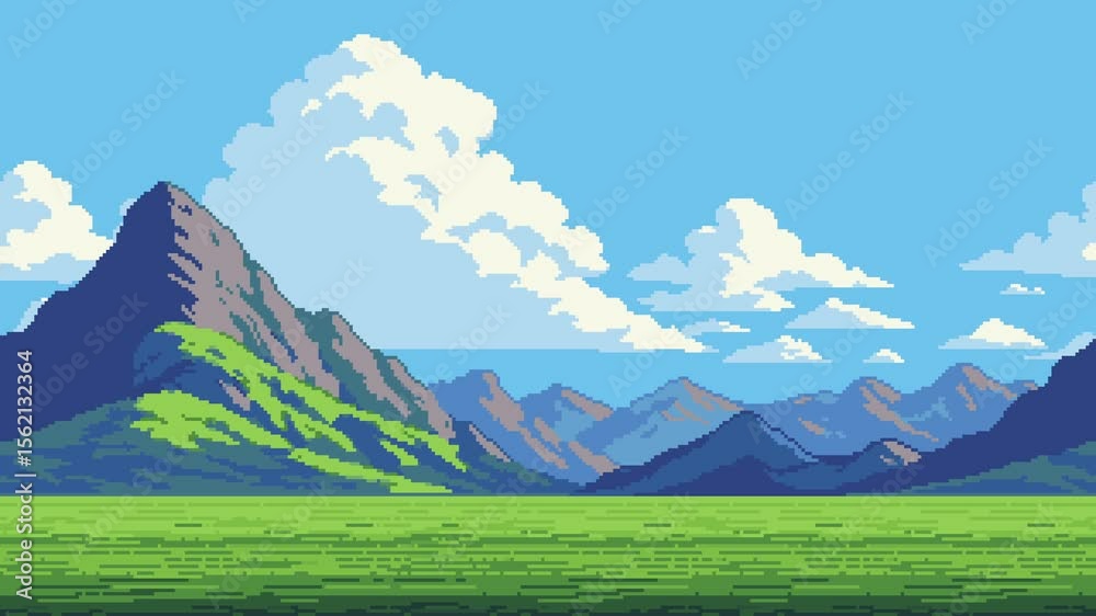 Poster Dynamic pixel art game level background animation of moving mountain landscape with green fields and clouds footage.