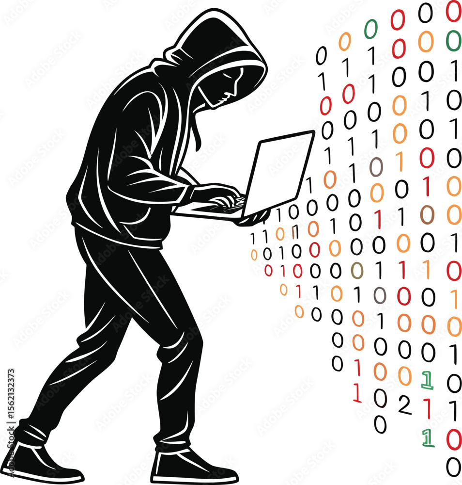 Poster silhouette of a hacker figure against a digital background filled with cascading lines of code repre