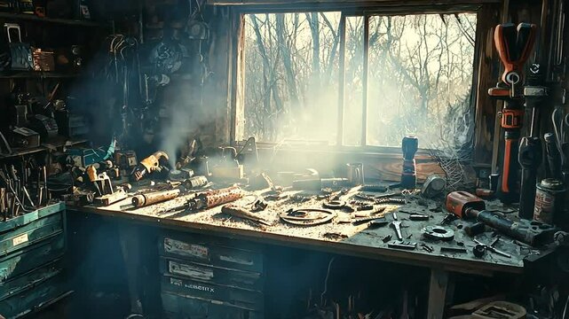 Rustic workshop filled with tools and equipment, sunlight streaming through a window, creating a serene atmosphere