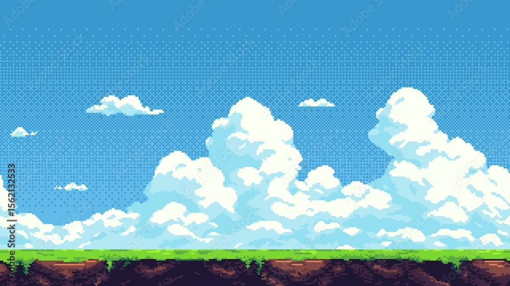 Poster Pixel art cloud and ground horizon scrolling game level background animation