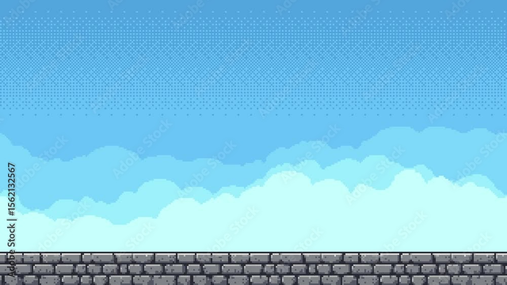 Poster pixel art game level background animation of a stone wall and blue sky with moving clouds, looping f