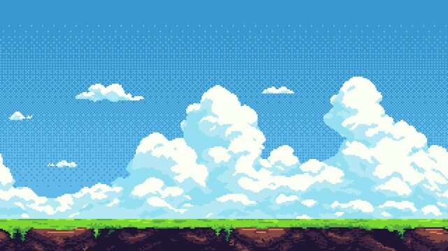 Pixel art cloud and ground horizon scrolling game level background animation