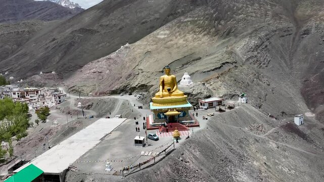 Aerial view of Diskit Monastery and Buddha, India.