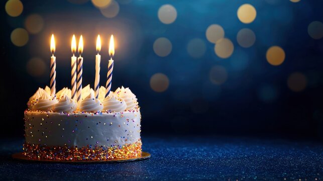 A birthday cake with lit candles on a blue background with bokeh lights.