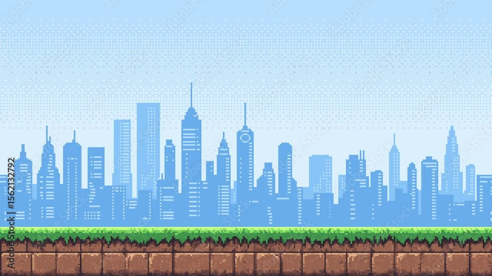 Poster Pixel art city skyline parallax scroll with ground for retro video game level background animation