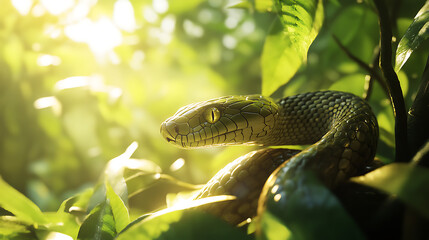 Exotic rainbow reptile crawling in leaf jungle high resolution picture