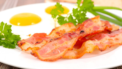 Classic Bacon and Eggs Breakfast with Fresh Parsley Garnish
