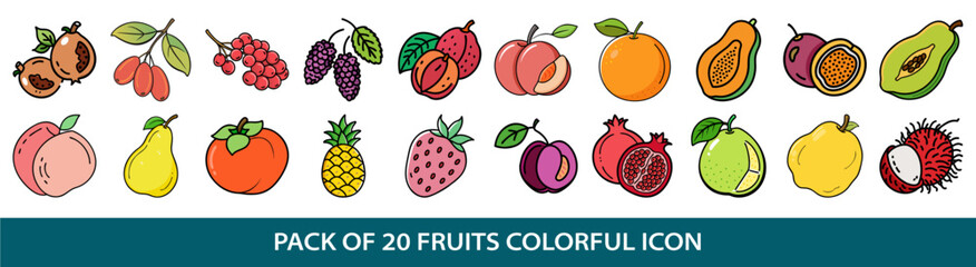 Collection of twenty different colorful fruit icons in cartoon style vector illustration