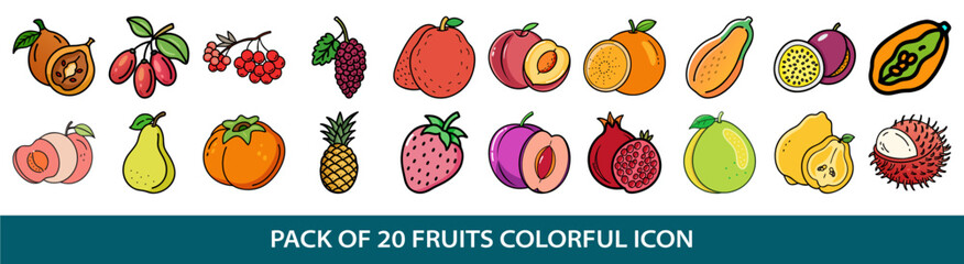 A selection of twenty stylized cartoon fruit icons in various colors