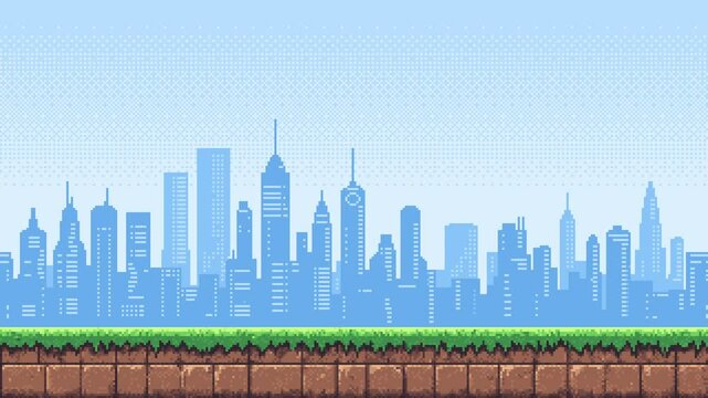 Pixel art city skyline parallax scroll with ground for retro video game level background animation