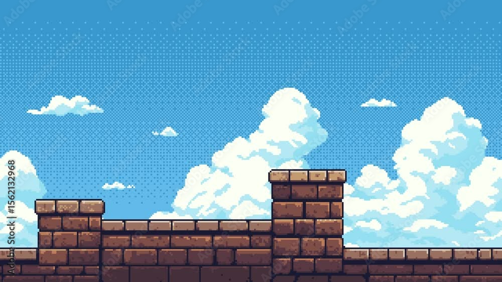 Poster Pixel art game level background animation with moving clouds and stone wall platforms
