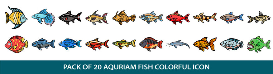 Collection of Colorful Aquarium Fish Icons Representing a Variety of Aquatic Species