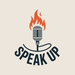 Speak Up Logo with Flaming Microphone vintage style logo featuring microphone fire the words Speak Up surrounding it speak microphone logo vintage fire flames design graphic