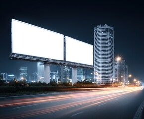 Blank billboard mockup for advertising design, isolated white display in urban city background, day and night scenes, high-resolution commercial layout for branding or promotional content, Generative 