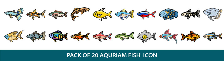 A collection of twenty colorful cartoon style fish icon illustrations