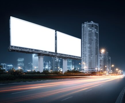 Blank billboard mockup for advertising design, isolated white display in urban city background, day and night scenes, high-resolution commercial layout for branding or promotional content, Generative 
