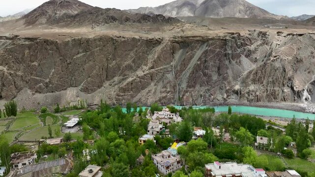 Aerial view of Mountains, Indus River, Ladakh, India.