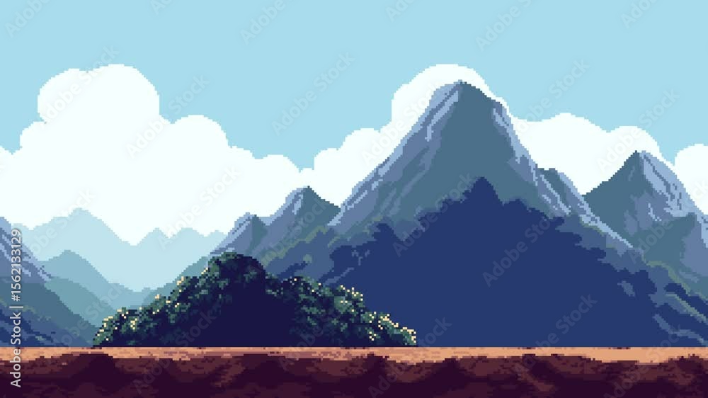 Poster Pixel art mountain valley scenery with moving clouds and parallax scroll for game level background animation footage.