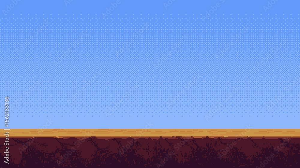 Aufkleber Pixel art desert ground moving animation for game level background with scrolling land and blue sky footage.