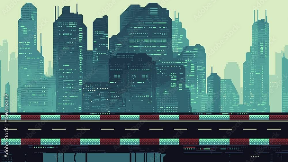 Poster pixel art city skyline with road in foreground. video game background level design for racing game f