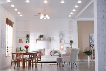 Stylish dining table with chairs and comfortable sofa in room. Interior design