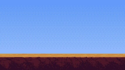 Pixel art desert ground moving animation for game level background with scrolling land and blue sky footage. - Powered by Adobe