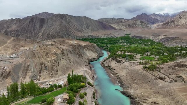 Aerial view of Indus River confluence, Ladakh, India.
