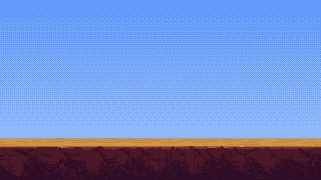 Pixel art desert ground moving animation for game level background with scrolling land and blue sky footage.