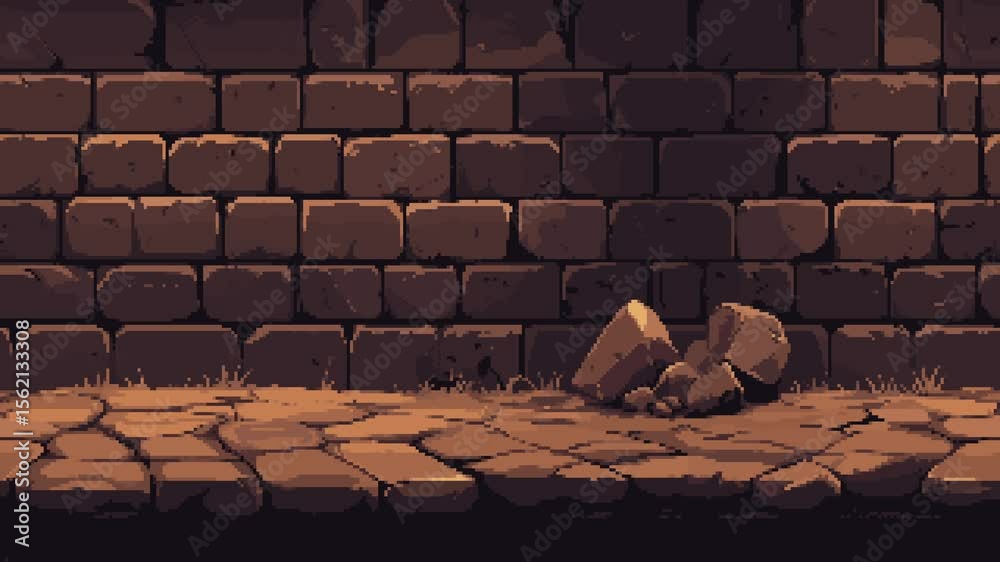 Poster dark brick wall with stone platforms and rubble, pixel art game cavern level background animation