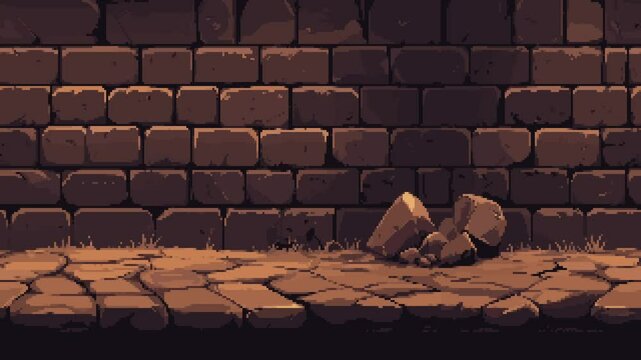 Dark brick wall with stone platforms and rubble, pixel art game cavern level background animation