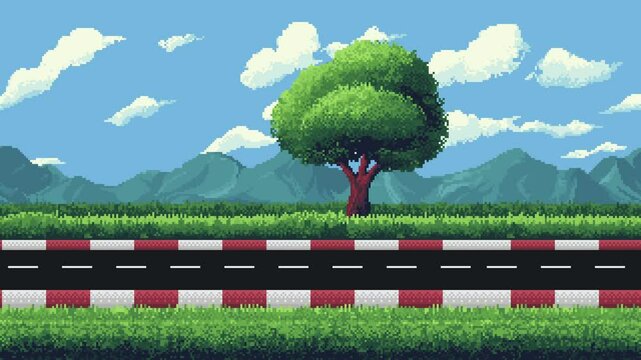 Pixel art game level background animation of a dynamic kart racing track with movement across a tree, clouds, and mountains footage.
