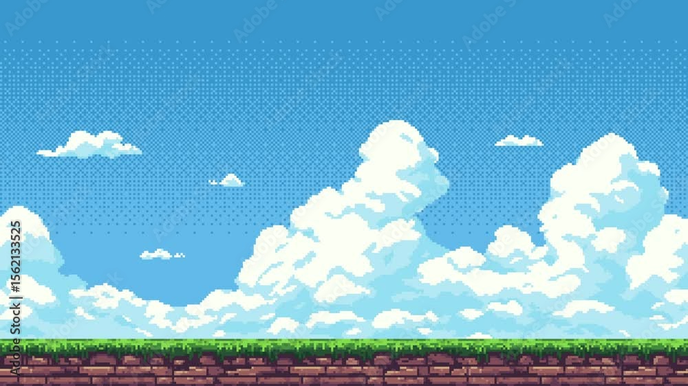 Poster bright blue sky and white clouds moving above a green terrain, pixel art game level background anima