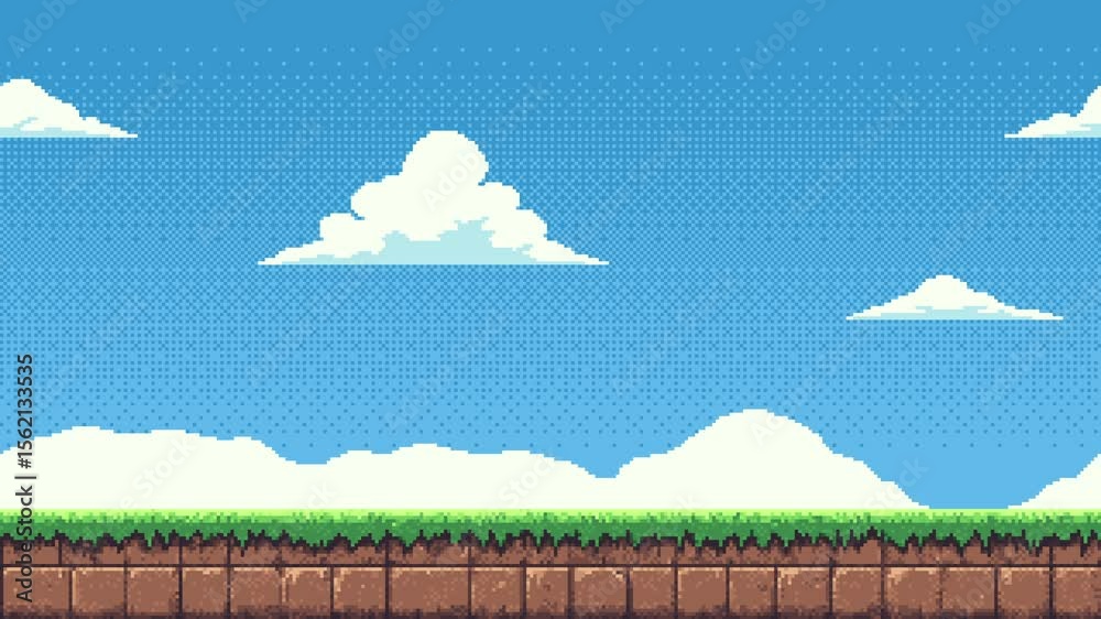 Poster Pixel art game level background with moving clouds and sky, dynamic gaming footage.