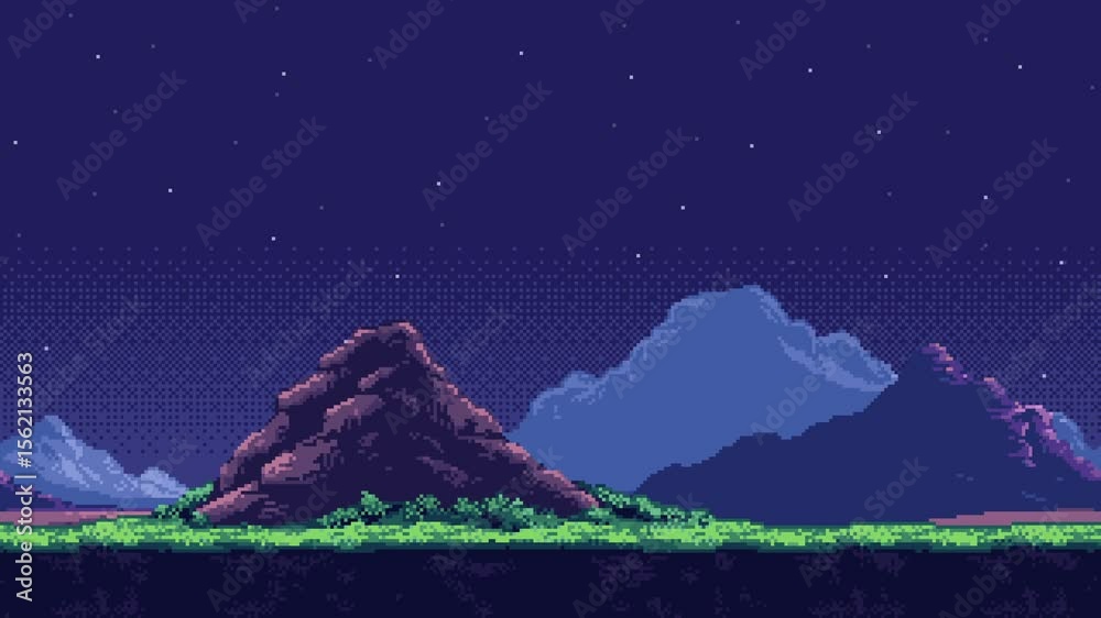 Poster pixel art landscape game level background animation with mountains, stars, and green foreground elem