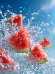 Slices of watermelon splashing into water against a bright blue background